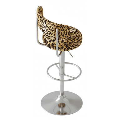 An adjustable swivel bar stool featuring a plush, curved seat and backrest upholstered in a distinctive leopard print fabric. The stool is supported by a polished chrome base with a circular footrest and a hydraulic lift mechanism for height adjustment. — 3D model (AI enhanced source)