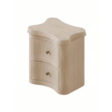 A light-colored wooden cabinet with a distinctive wavy-edged top and two curved drawers, featuring small brass knob pulls. — 3D model (AI enhanced source)