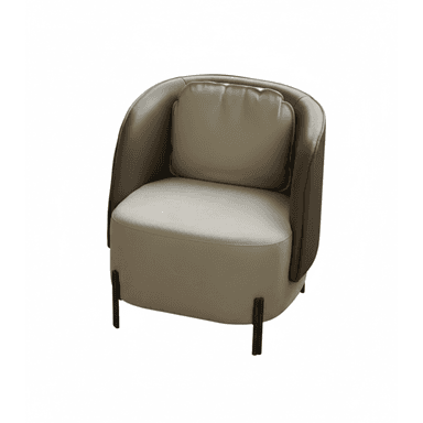 An upholstered tub-style accent chair featuring a two-tone design with a rounded back and integrated armrests. The outer shell is a darker brown, while the inner seat and separate back cushion are a lighter beige or tan. The chair is supported by four slender, angled black metal legs. — 3D model (AI enhanced source)