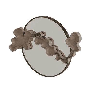 A round wall mirror featuring a dark, slender frame, overlaid with an organic, wavy wooden structure that appears to float across its reflective surface. The wood elements have a natural grain and texture, creating a dynamic, artistic visual effect. — 3D model (AI enhanced source)