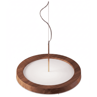 A modern circular pendant light featuring a wide, flat wooden frame with a prominent grain. The center of the circle is filled with a white, translucent diffuser panel, likely housing integrated LED lighting. A slender, polished brass rod emerges from the center of the diffuser, extending upwards to connect with a delicate suspension wire. The suspension also includes a sculptural, wavy element made from what appears to be a dark metallic material, adding a decorative touch to the hanging mechanism. The light is designed for ceiling suspension. — 3D model (AI enhanced source)