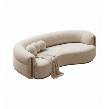 A contemporary, armless curved sofa upholstered in a light beige, textured fabric, likely bouclé. The sofa features a continuous, rounded backrest and seat, creating a fluid, organic silhouette. Integrated wooden panels are visible on the outer ends of the backrest, providing a subtle material contrast. It includes three spherical accent cushions in matching fabric and a draped light-colored throw blanket, resting on a recessed, low-profile base. — 3D model (AI enhanced source)