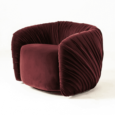 A contemporary lounge chair featuring a rich burgundy velvet upholstery with distinctive, extensive pleating across its curved back and armrests. The chair has a barrel-like form, providing an enveloping and comfortable seating experience. Its base is a discreet, dark-colored swivel mechanism, allowing for rotation. The internal seat cushion is smooth velvet, contrasting with the textured exterior. The overall design exudes a luxurious and modern aesthetic. — 3D model (AI enhanced source)