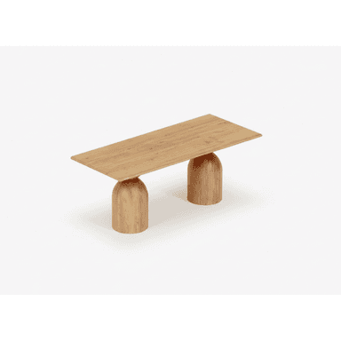 A modern console table featuring a rectangular wooden top supported by two substantial, cylindrical wooden bases, all in a light-toned natural wood finish. — 3D model (AI enhanced source)