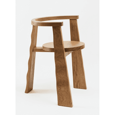 A contemporary solid wood chair featuring a distinctive sculptural form. It has a circular seat supported by three stout, irregularly shaped legs that are angled outwards. The backrest is formed by a curved piece of wood that wraps around, extending into a short armrest on one side, and is supported by a fourth leg that echoes the organic shape of the others. The natural wood grain is visible throughout. — 3D model (AI enhanced source)