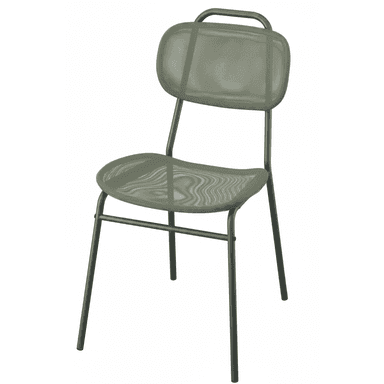 A modern, stackable dining chair featuring a tubular metal frame and a contoured seat and backrest made from breathable mesh material, presented in a sage green color. — 3D model (AI enhanced source)