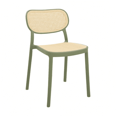 A modern, armless chair featuring a green polymer frame with natural cane webbing on both the seat and the curved backrest. Its simple design suggests suitability for dining or accent use. — 3D model (AI enhanced source)