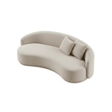 A contemporary, sculptural sofa featuring a deeply curved form, upholstered in a light beige boucle fabric. The design includes a low, asymmetric backrest that flows into an armrest on one side, and comes with two matching rectangular throw pillows. It rests on a subtle, integrated plinth base. — 3D model (AI enhanced source)