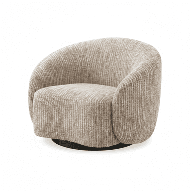 A contemporary barrel-shaped armchair, fully upholstered in a textured, neutral-toned fabric, featuring a seamlessly integrated rounded back and arms. The chair rests on a hidden swivel base, providing rotational movement. — 3D model (AI enhanced source)