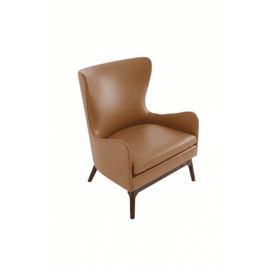 A contemporary wingback armchair upholstered in camel-colored leather, featuring a high back with subtly curved 'wings' and slender, tapered dark wood legs. — 3D model (AI enhanced source)