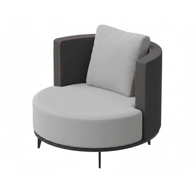 A modern armchair with a rounded silhouette and a high, curved back. The seat and back cushions are upholstered in a textured light gray fabric. The exterior of the armchair is covered in a dark gray material with a thin, bright orange trim accenting the curves. It rests on a slim, dark, circular base supported by three thin, angled legs. — 3D model (AI enhanced source)