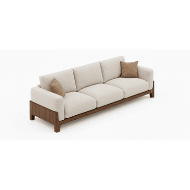 A modern three-seater sofa featuring a distinctive exposed dark wood frame that forms the base, legs, and partial arms. It has light-colored, textured fabric upholstery for the seat and back cushions, accompanied by two smaller brown throw pillows. — 3D model (AI enhanced source)