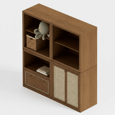 A modern modular storage unit made of medium brown wood, featuring open shelving cubbies in the upper section, a single drawer with small brass knobs, and two cabinet doors with woven cane inserts in the lower section. The wood displays a visible grain pattern, and the unit is presented in an isometric view against a white background. — 3D model (AI enhanced source)