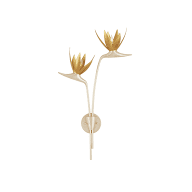 A decorative double-arm wall sconce featuring a botanical, flower-like design. It has a central ribbed mounting plate from which two upward-curving arms extend, each culminating in a multi-petal shade in a golden finish. The arms and mounting plate are in a lighter cream/ivory tone, creating a striking contrast with the gilt shades. — 3D model (AI enhanced source)
