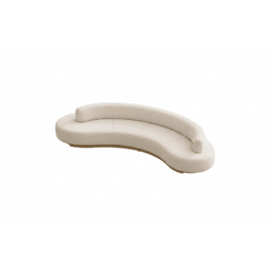 A contemporary, curved serpentine sofa upholstered in a light, cream-colored textured fabric, featuring a low integrated backrest and armrests, and resting on a subtle recessed plinth base. — 3D model (AI enhanced source)