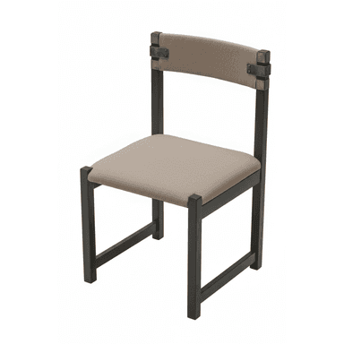 A contemporary chair with a dark metal frame and upholstered seat and back. The frame has a minimalist design with straight lines. The seat and back are upholstered in a light brown fabric. Metal brackets connect the upholstered backrest to the vertical supports of the frame. — 3D model (AI enhanced source)