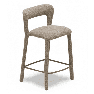 A contemporary counter-height bar stool fully upholstered in a textured, light greyish-beige fabric, featuring an integrated open backrest, a comfortable seat, and a circular metal footrest. — 3D model (AI enhanced source)