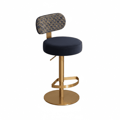 A modern adjustable height bar stool featuring a dark blue velvet upholstered seat and a patterned woven fabric backrest. It is supported by a polished golden metal column, a circular footrest, and a wide circular base. — 3D model (AI enhanced source)
