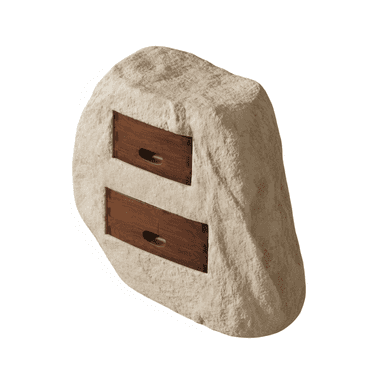 A unique nightstand or small storage unit designed to resemble a natural, light-colored rock or stone formation, with two dark wood drawers seamlessly integrated into its facade. The drawers feature subtle recessed pull handles. — 3D model (AI enhanced source)