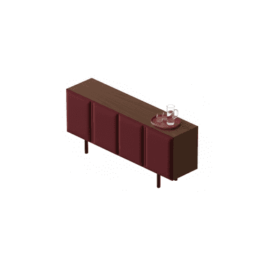 A modern, rectangular sideboard featuring a dark wood top and side panels, with three distinct front panels upholstered in a deep burgundy fabric. The upholstered panels appear to be doors, each with a subtle vertical delineation suggesting padding or channel detailing. The entire unit is supported by four slender, black cylindrical metal legs, elevating it off the floor. On its top surface rests a red circular tray holding a glass pitcher and two tumblers. — 3D model (AI enhanced source)