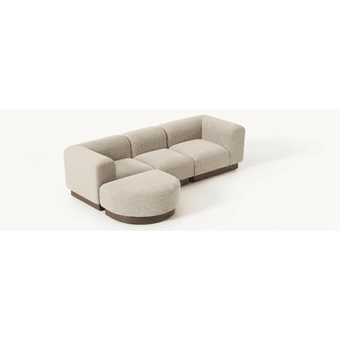 A contemporary modular sectional sofa with light beige bouclé upholstery and dark wood bases, featuring a three-seat configuration and a matching round ottoman. — 3D model (AI enhanced source)