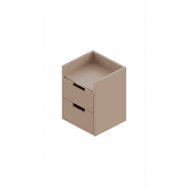 A small, minimalist nightstand featuring two storage drawers and a distinctive tray-style top, rendered in a solid, matte light taupe finish. — 3D model (AI enhanced source)