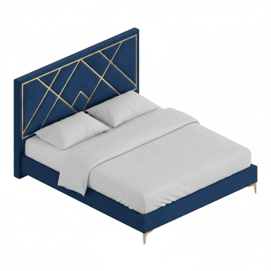 An elegant platform bed featuring a rich blue velvet upholstery across its frame and headboard. The headboard is adorned with a striking gold-finished metal overlay forming an intricate geometric, Art Deco-inspired pattern. The bed is supported by slender, tapered gold-finished legs, complementing the headboard accents. It includes white bedding, suggesting a complete bed setup. — 3D model (AI enhanced source)