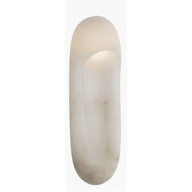 A tall, slender, and sculptural lighting fixture crafted from translucent, naturally veined alabaster. The lamp features an organic, elongated, and softly curved form, with an internal light source that casts a warm, diffused glow through the stone. A subtle, elongated indentation or opening near the top suggests where the primary illumination emanates from, contributing to its minimalist and contemporary aesthetic. — 3D model (AI enhanced source)