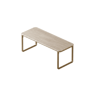 A low, rectangular table featuring a light-toned, possibly travertine, slab top with gently rounded corners, supported by a minimalist base of two gold-finished metal U-shaped frames. — 3D model (AI enhanced source)