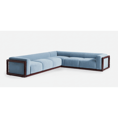 An L-shaped sectional sofa featuring a prominent dark wood frame and light blue fabric upholstery. The sofa comprises multiple modular-looking sections, with seat and back cushions exhibiting vertical channel tufting. The low-profile design emphasizes the clean lines of the exposed wooden structure. — 3D model (AI enhanced source)