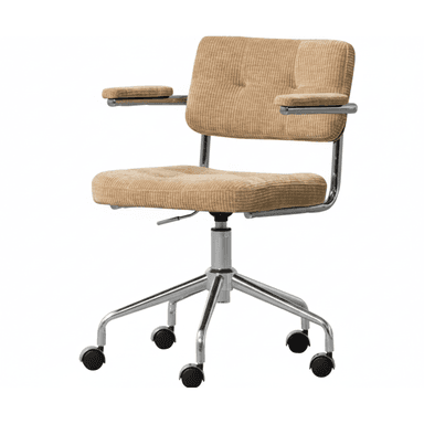 A modern office chair featuring a ribbed beige fabric upholstery on both the seat and backrest, complemented by a polished chrome frame, fixed armrests with padded tops, and a five-star swivel base equipped with casters. — 3D model (AI enhanced source)