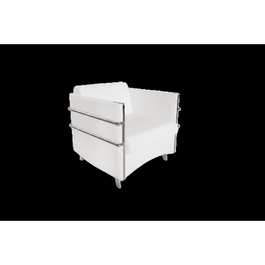 A modern armchair featuring white upholstery and a distinctive external frame made of polished chrome-plated steel. The design is characterized by its boxy, structured cushions for the seat, back, and armrests, all contained within the visible tubular metal framework. The chair sits on four short, polished metal feet. — 3D model (AI enhanced source)