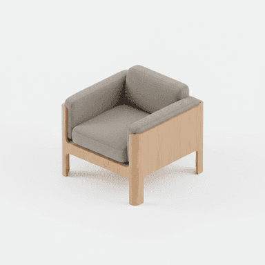 A modern lounge armchair featuring a minimalist design with a light-toned wooden frame and light grey fabric upholstery. The chair has thick, plush cushions for the seat, back, and armrests, set within an exposed, clean-lined wooden structure. — 3D model (AI enhanced source)