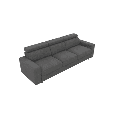 A modern three-seater sofa rendered in dark gray fabric. It features clean lines, block arms, and three distinct seat cushions. The backrest is segmented, with three individual adjustable headrests that can be positioned for personalized comfort. The overall design is minimalist with a low-profile base, making it suitable for contemporary interiors. — 3D model (AI enhanced source)