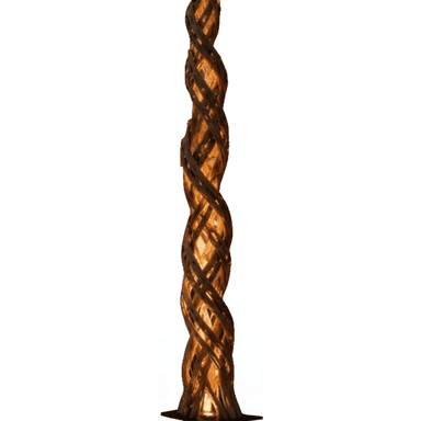 A tall, slender floor lamp featuring a distinctive twisted, sculptural body made from interwoven strips of wood or natural fibers. The internal light source illuminates the woven structure, creating a warm, diffused glow. The lamp rests on a minimalistic, flat, dark-colored base. — 3D model (AI enhanced source)