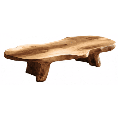 A low-profile, freeform coffee table with an organic, live-edge design. The tabletop is irregular in shape, showcasing the natural grain and contours of the wood. It is supported by two thick, organically shaped legs that mimic tree stumps or roots, also crafted from wood. The piece exhibits a rustic and natural aesthetic. — 3D model (AI enhanced source)