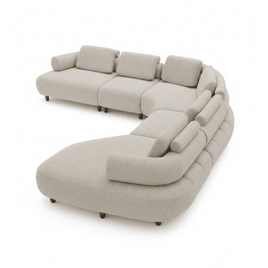 A large, light-colored, modular sectional sofa with multiple curved sections, upholstered in a textured fabric, featuring a low profile and small wooden feet. — 3D model (AI enhanced source)
