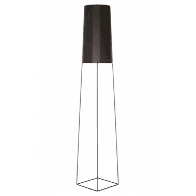 A minimalist black floor lamp featuring a slender, conical textile shade atop an open, dark metal wireframe base that tapers downwards. — 3D model (AI enhanced source)