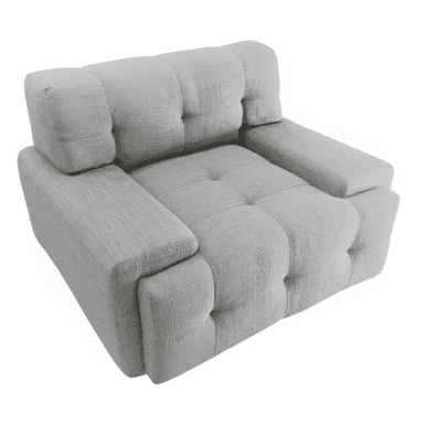 A single-seat upholstered chair, featuring deep tufting across the seat, backrest, and armrests, giving it a plush, modular appearance. The chair is covered in a light gray, textured fabric and has a low-profile, blocky silhouette with wide, squared arms. — 3D model (AI enhanced source)