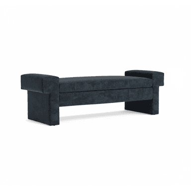 A dark-colored upholstered bench with blocky arms and legs. The bench has a rectangular seat and features a modern, geometric design. It appears to be covered in a textured fabric. — 3D model (AI enhanced source)