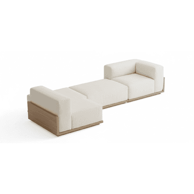 A contemporary modular sectional sofa comprised of three distinct sections: two end pieces with integrated armrests and one armless middle segment. Each module features a light-colored fabric upholstery and is set upon a recessed plinth base constructed from light-toned wood. — 3D model (AI enhanced source)