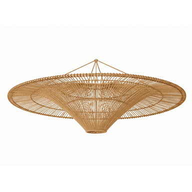A natural woven rattan pendant light featuring a wide, flat brim that tapers down into a conical, open-weave shade. The light fixture is designed for ceiling suspension. — 3D model (AI enhanced source)