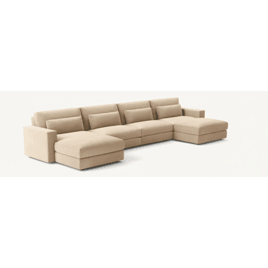 A large, contemporary U-shaped modular sectional sofa upholstered in a light beige fabric. It features clean lines, low-profile block arms, and multiple plush seat and back cushions. The configuration includes a main sofa body with two ottoman-like extensions on either side, creating a spacious lounging area. — 3D model (AI enhanced source)