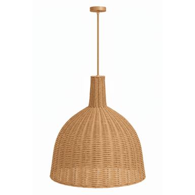 A bell-shaped pendant light featuring a shade made from intricately woven natural rattan. The shade tapers to connect to a straight suspension rod and a circular ceiling canopy, both finished in a light gold-toned or tan color. The overall aesthetic is natural and bohemian, providing diffused light through its woven texture. — 3D model (AI enhanced source)