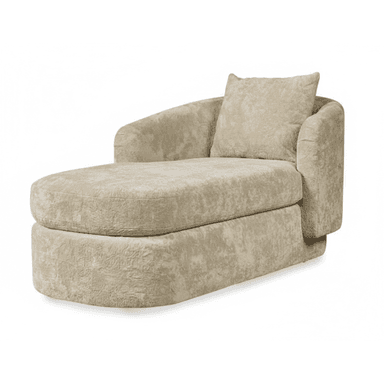 A contemporary chaise lounge upholstered in a light beige, textured fabric, featuring a single armrest, rounded forms, and an integrated base, accompanied by a matching throw pillow. — 3D model (AI enhanced source)