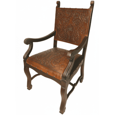 An ornate armchair featuring a dark, carved wooden frame and embossed leather upholstery. The backrest and seat are covered in tan-brown leather with an intricate floral and foliate pattern. The wooden frame includes scrolled armrests, decorative finials on the back posts, and curved legs, all accented with metal nailhead trim. — 3D model (AI enhanced source)