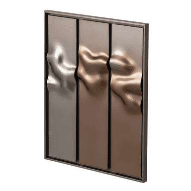 A decorative wall panel consisting of three vertically oriented, undulating surfaces framed within a dark metal border. The surfaces appear to be made of a reflective material, with the leftmost panel having a silvery hue and the two rightmost panels exhibiting a bronze or copper tone. The wavy texture suggests a modern or abstract artistic style. — 3D model (AI enhanced source)