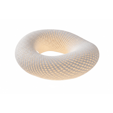 A sculptural, white, toroidal-shaped table lamp made from a ceramic-like material, featuring a textured, perforated surface that allows light to emanate from within. — 3D model (AI enhanced source)