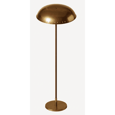 A floor lamp featuring a polished brass dome shade, a slender, darker cylindrical shaft, and a circular brass base. The shade has small perforations along its rim. — 3D model (AI enhanced source)