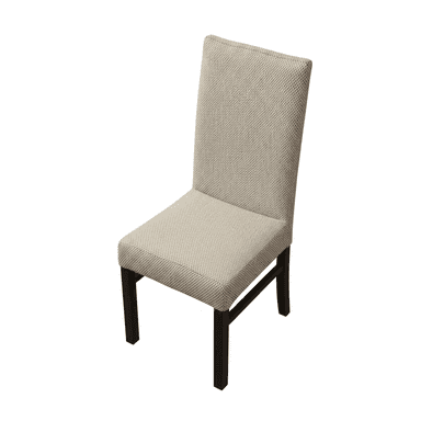 A contemporary upholstered dining chair featuring a light-colored, textured fabric covering both the seat and the tall backrest. The chair is supported by four straight, dark-stained wooden legs. Its design is armless, providing a clean and versatile profile. — 3D model (AI enhanced source)